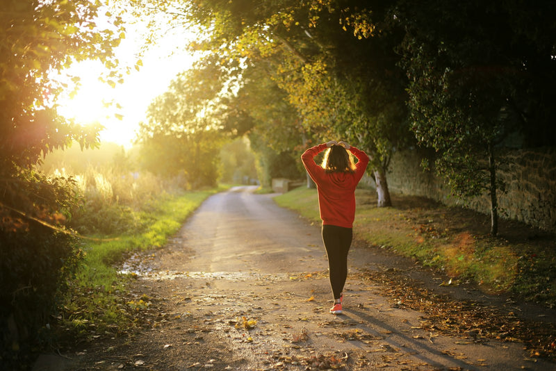 A woman walking along a sunlit country path in autumn morning light.