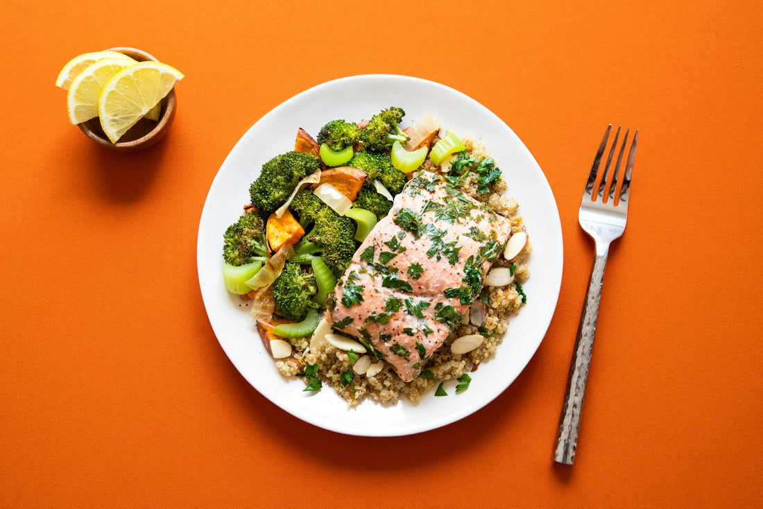 Salmon and broccoli high-protein plate