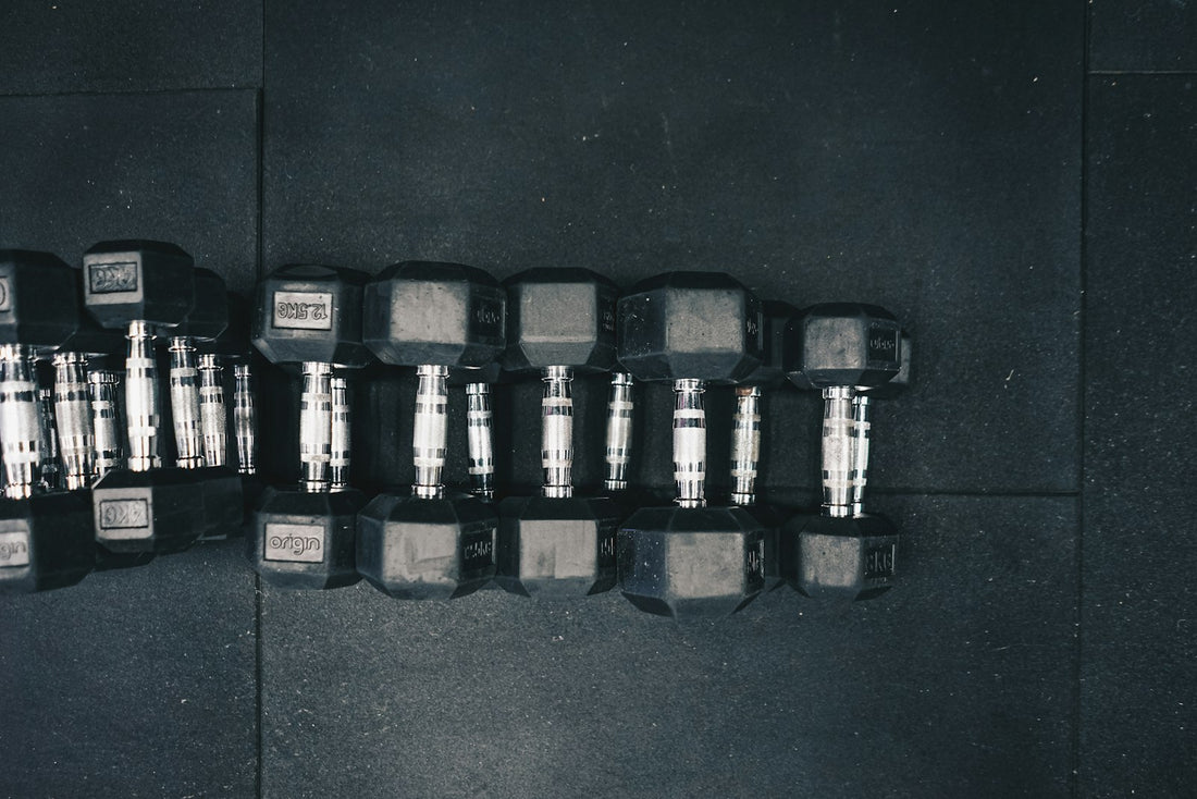 Row of dumbbells in a gym