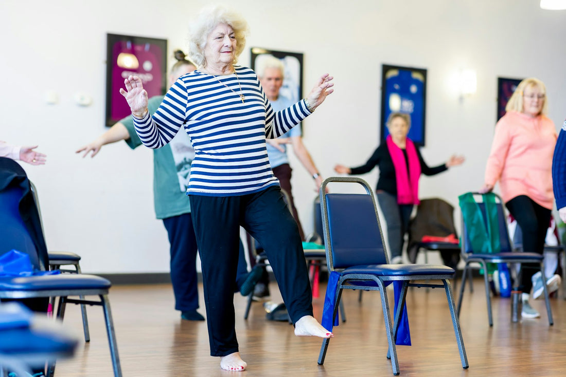 Older adults exercising together in a class