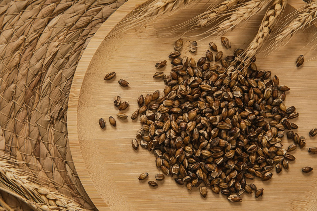 Whole grains and seeds on a wooden board