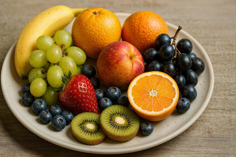 A plate of fresh colourful fruit on a wooden table
