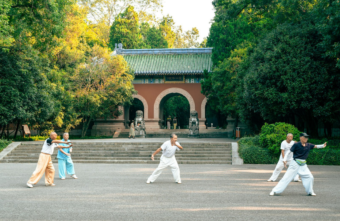People practising tai chi in a park in front of a traditional Chinese gate