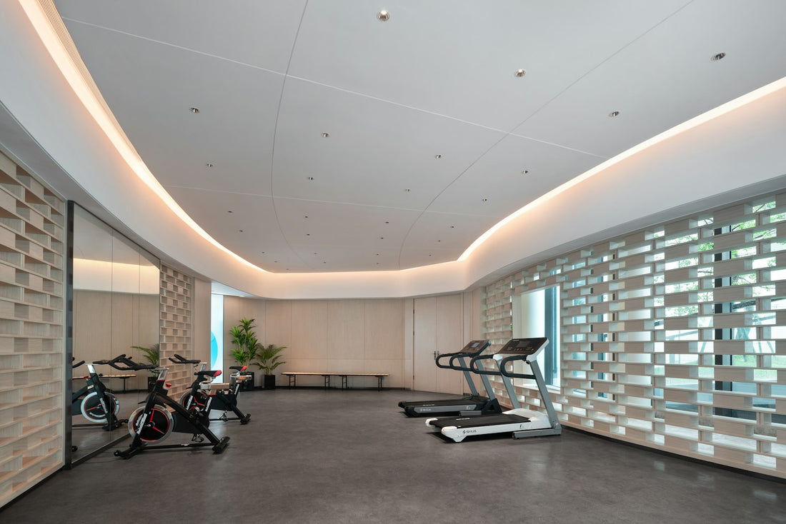 A bright modern gym interior with treadmills, exercise bikes and large windows