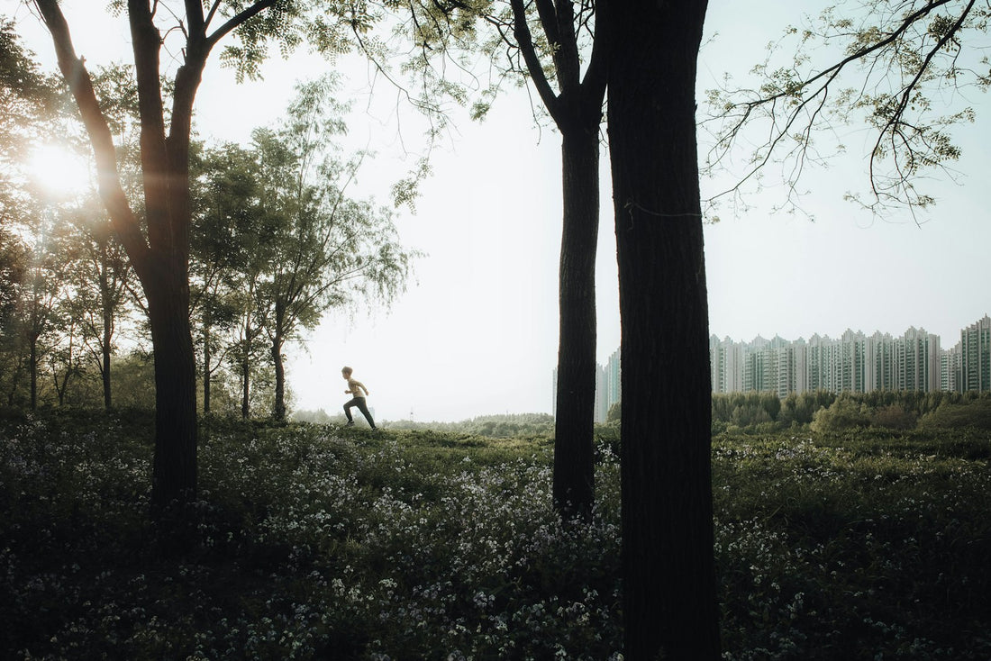 Person running through an open field at sunrise